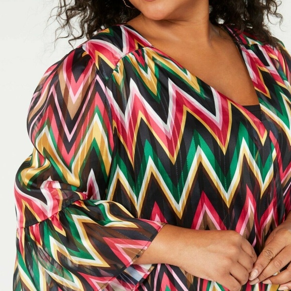 INC Women's Colorful Chevron Surplice Neck Bell Sleeve Top Plus Sizes 2X/3X - Picture 2 of 15